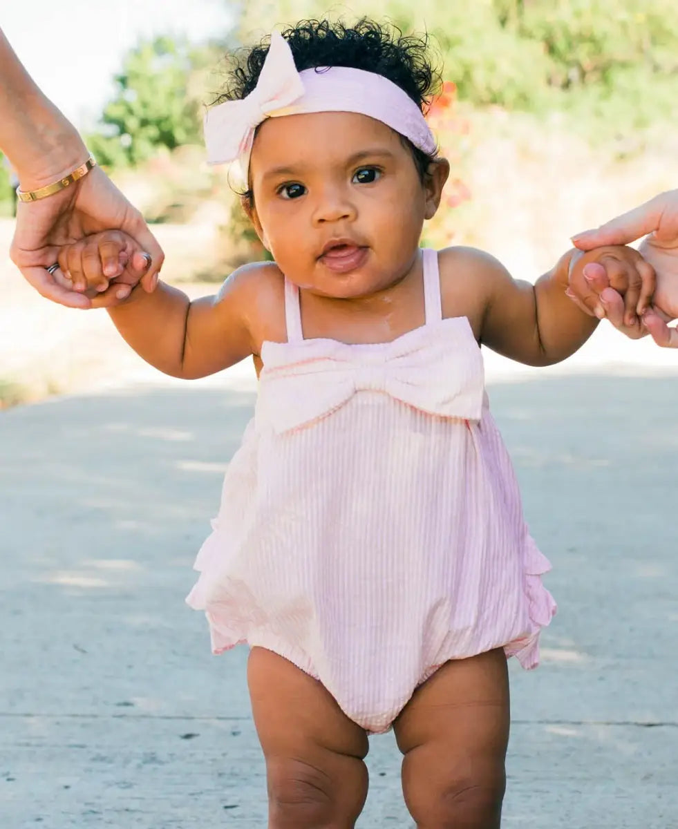 Baby Girls Pink Seersucker Bow Front Woven Bubble Romper