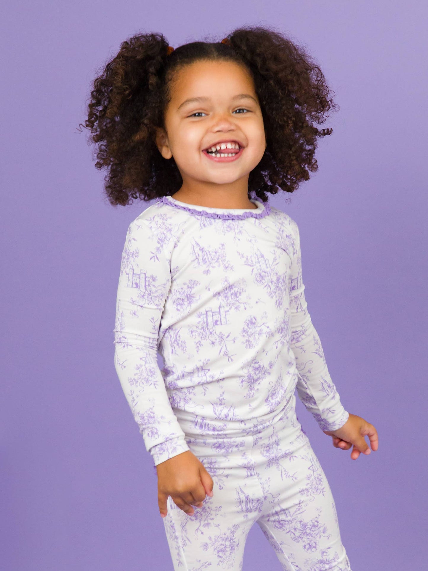 Toddler Girls Purple Princess Castle Toile Bamboo Viscose Ruffle Long Sleeve Pajama Set