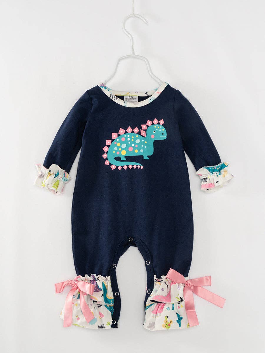 Dark Blue Dinosaur Ruffle Baby Girl Romper