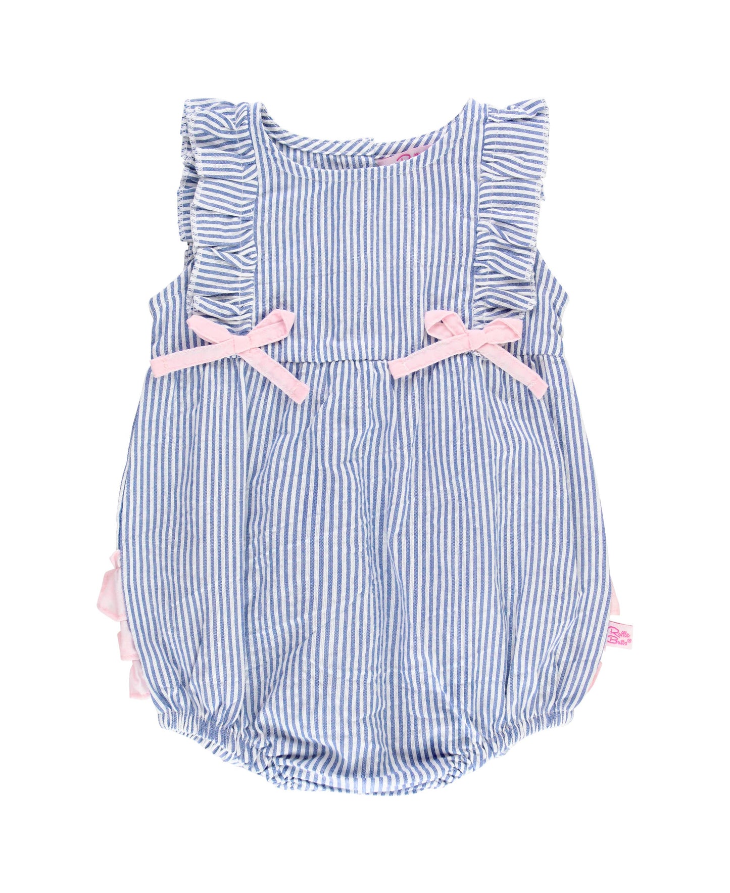 Baby Girls Blue Seersucker Classic Ruffle Bubble Romper