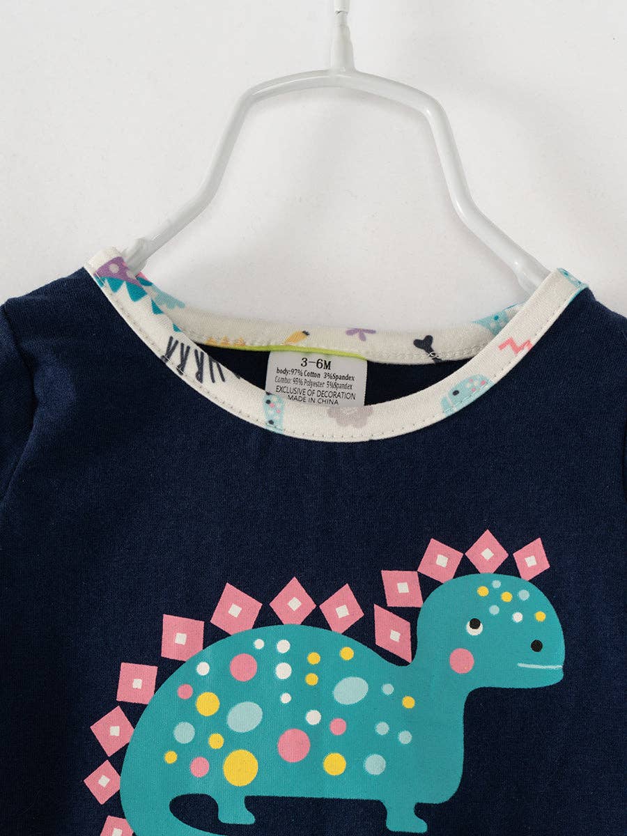 Dark Blue Dinosaur Ruffle Baby Girl Romper