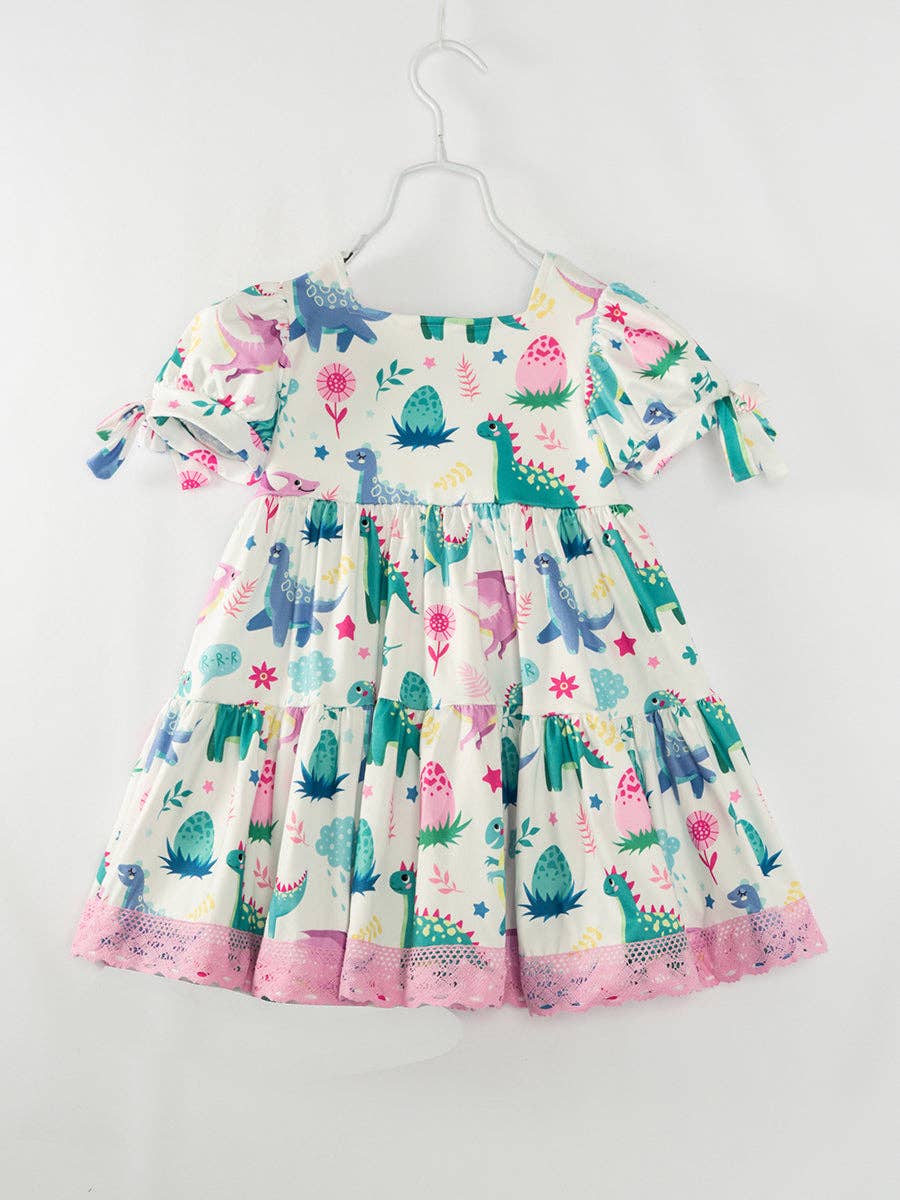 Multicolor Dinosaurs Lace Girl Twirl Dress