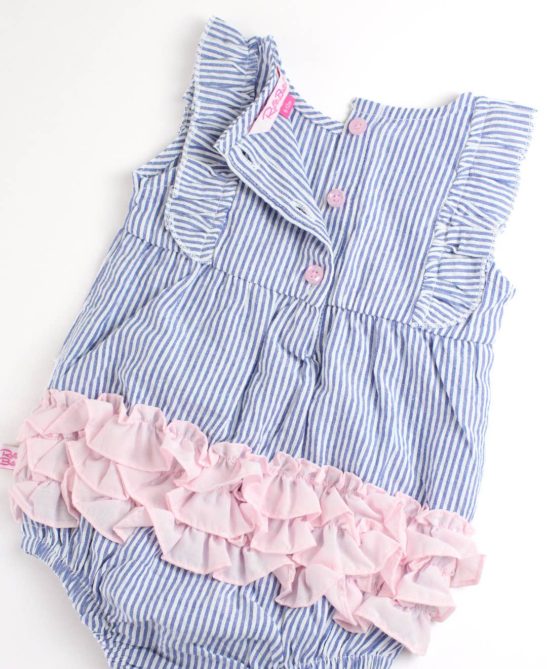 Baby Girls Blue Seersucker Classic Ruffle Bubble Romper