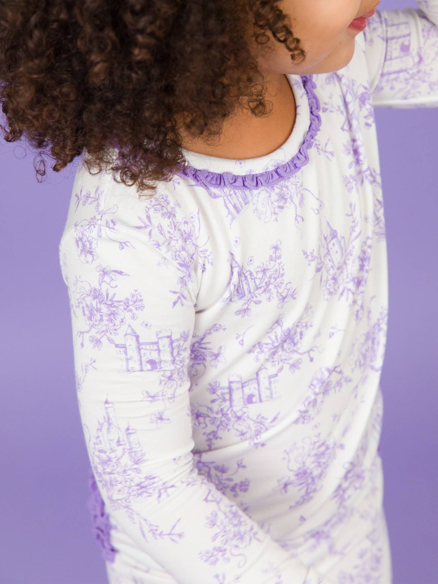 Toddler Girls Purple Princess Castle Toile Bamboo Viscose Ruffle Long Sleeve Pajama Set