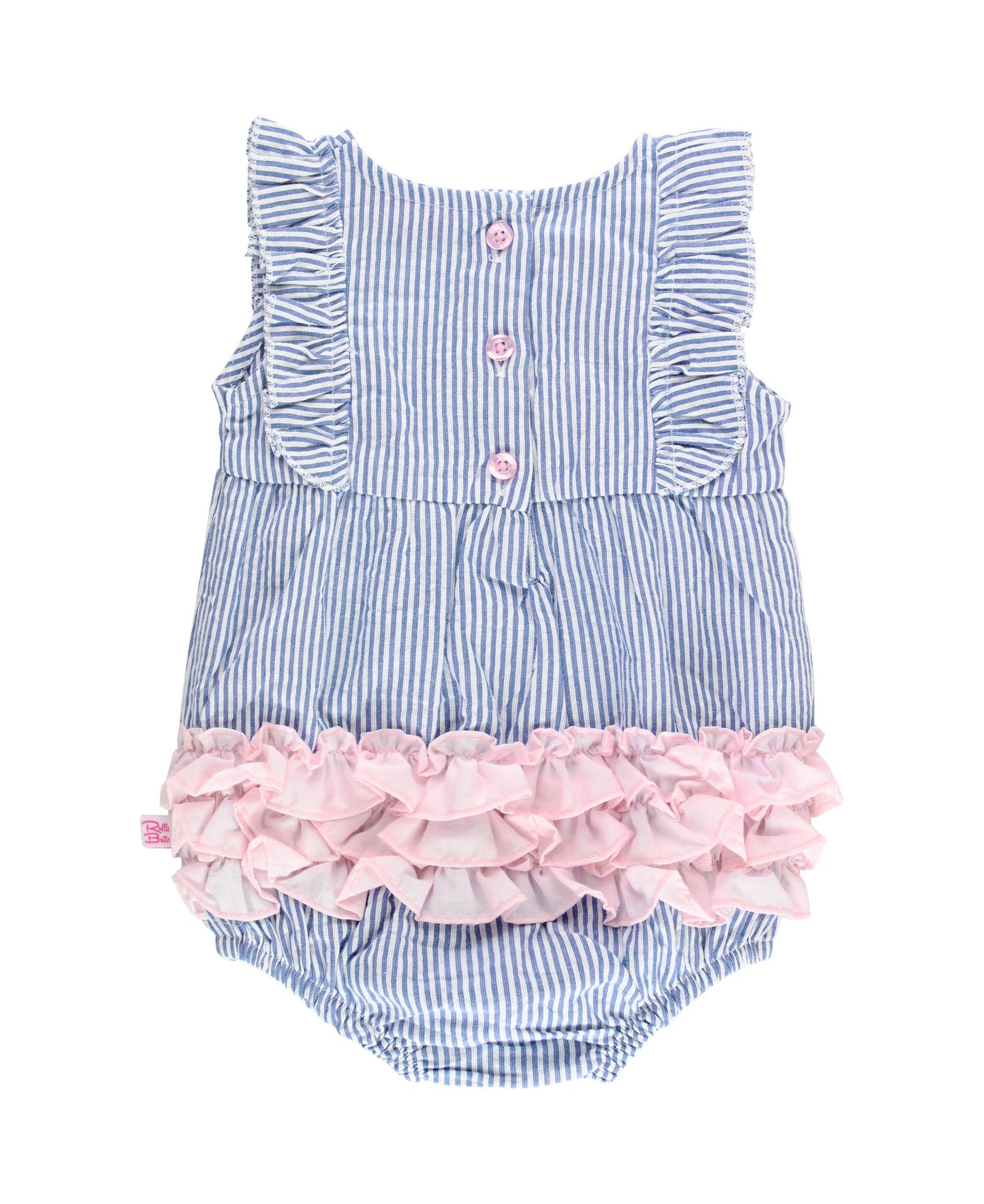 Baby Girls Blue Seersucker Classic Ruffle Bubble Romper