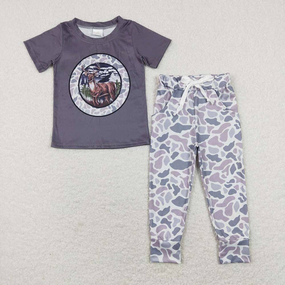 Baby Boys Grey Deer Shirt Camo Pockets Pants Clothes Sets